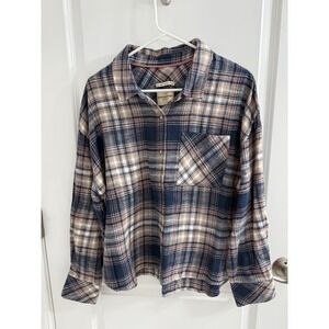 Scotch & Soda Amsterdam Womens XL Plaid Flannel Button Down Shirt Navy Tan NEW